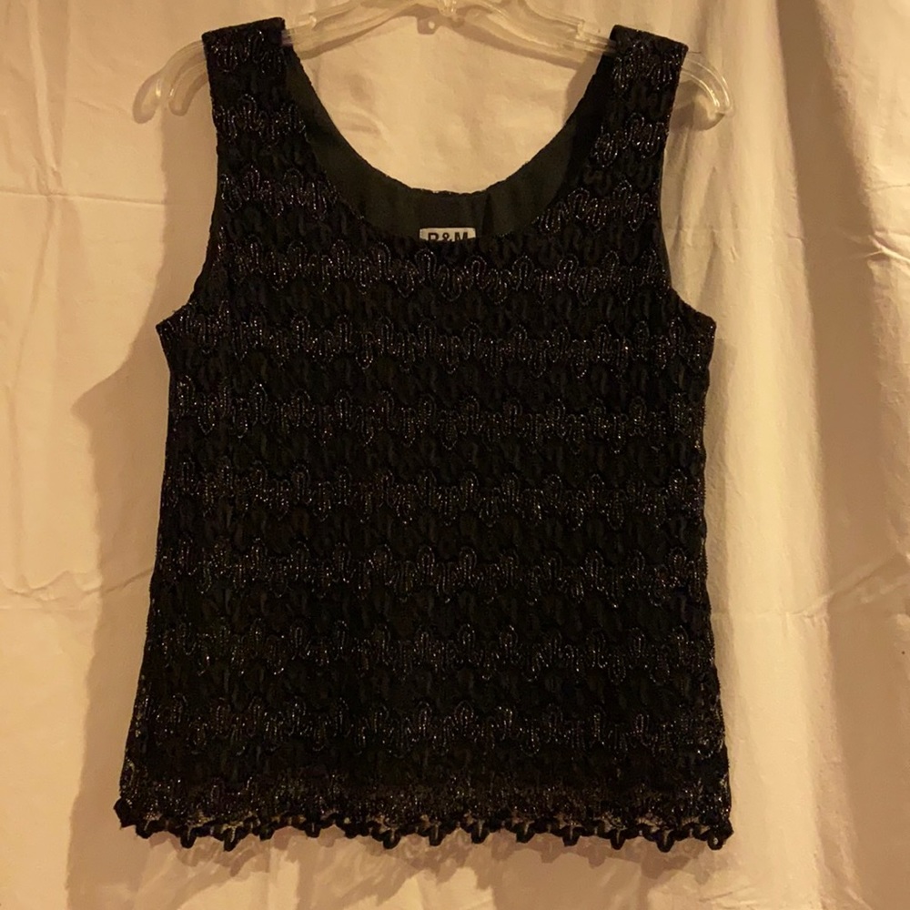 R&M Richards, sleeveless black jacket/tank, scalloped hem, lined.